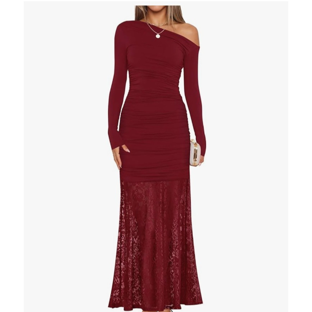 ZESICA Dress Womens Medium Red One‎ Shoulder Lace Maxi Ruched Bodycon New